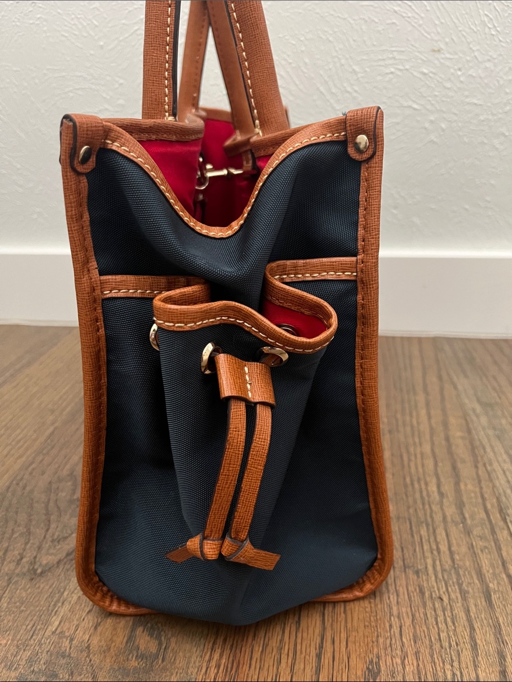 Dooney & Bourke Navy Tote with Tan Leather Trim and Red Interior - Picture 3 of 10
